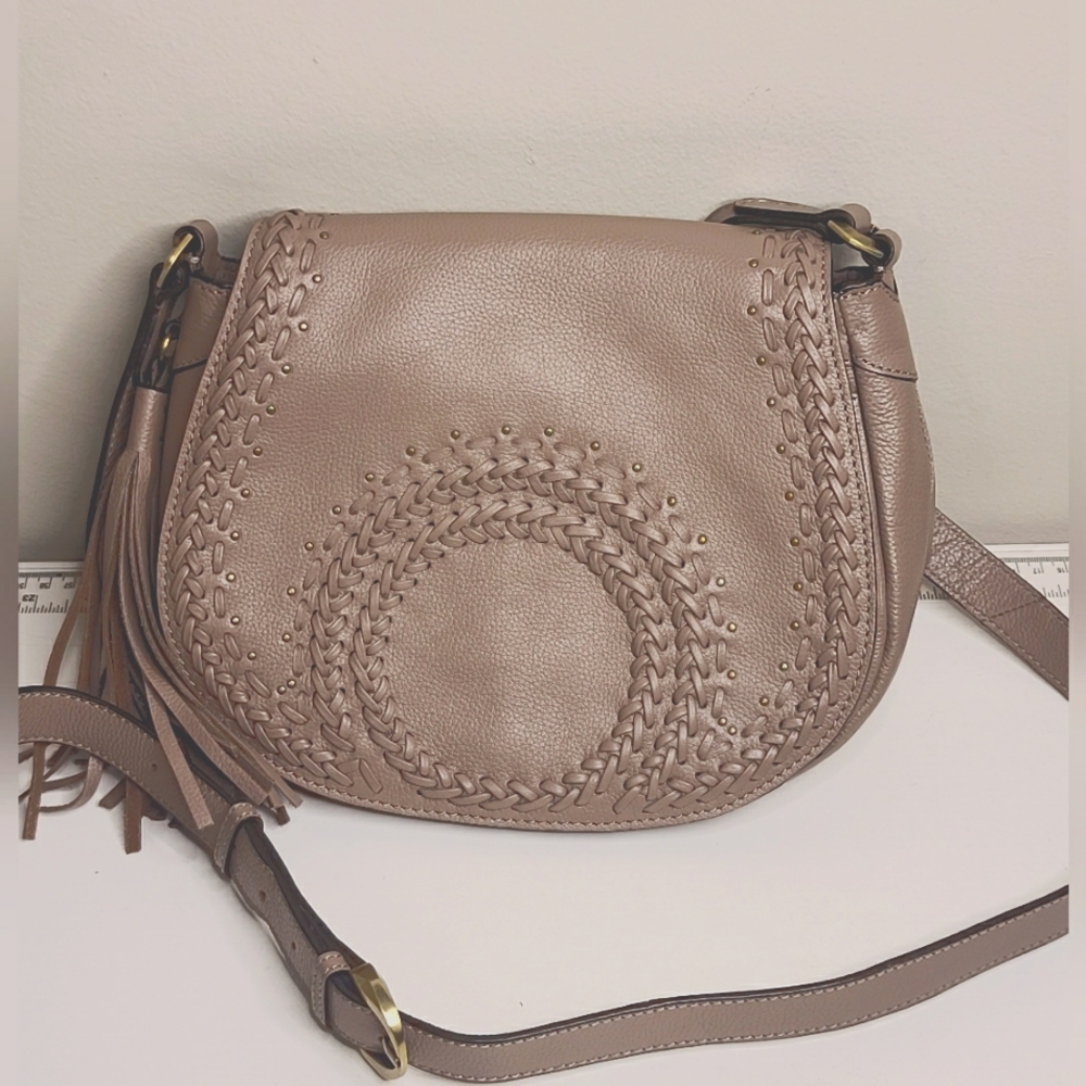 OrYany leather flap shoulder bag purse braided woven mauve taupe tassle